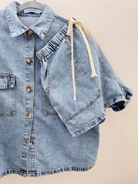 Bronze Snake Denim Set Shirt Shorts Oversized Button Up Large